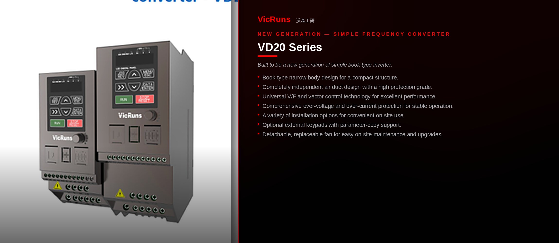 VicRuns VD20 series compact book-type frequency inverter